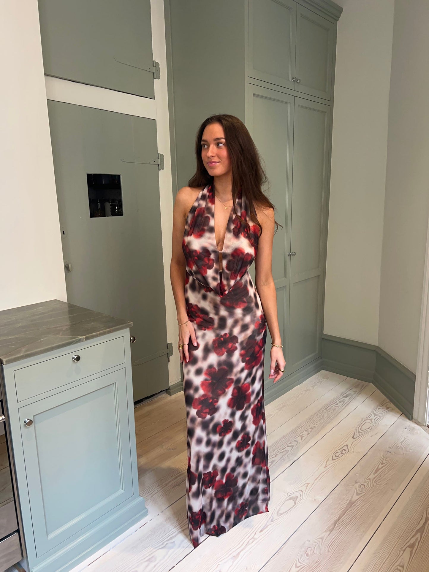 Columbine maxi dress - White/brown with red flowers