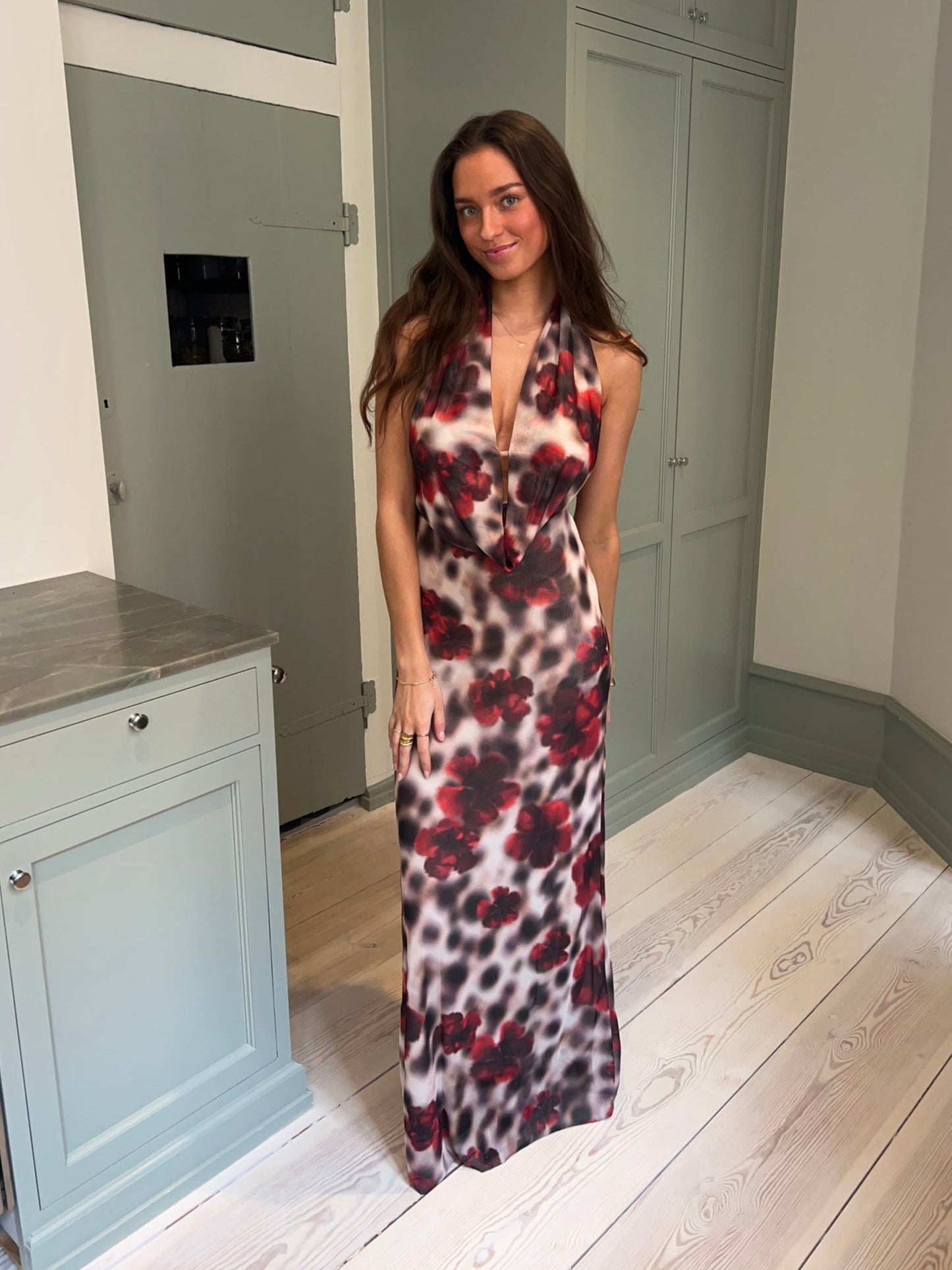Columbine maxi dress - White/brown with red flowers