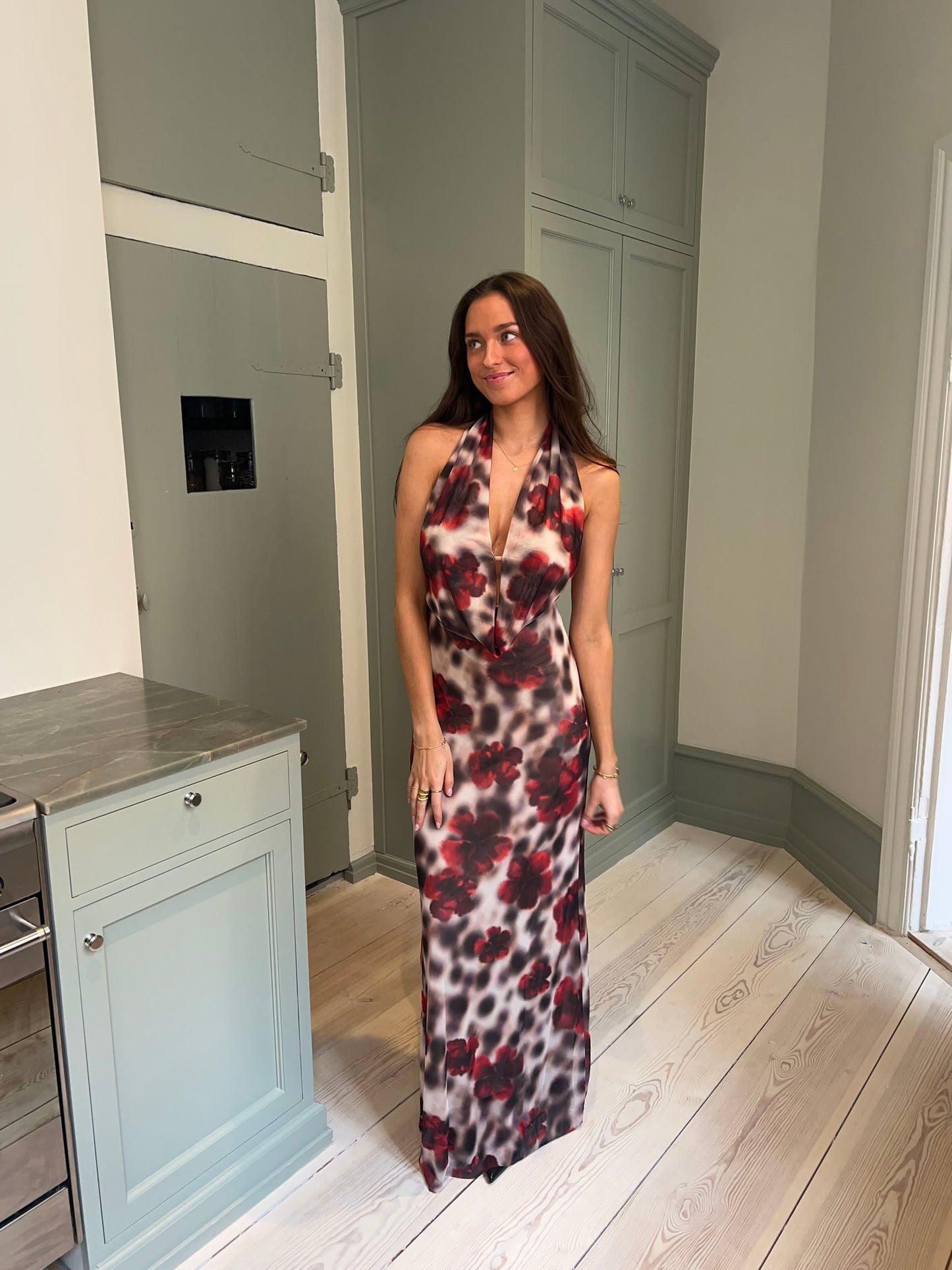 Columbine maxi dress - White/brown with red flowers