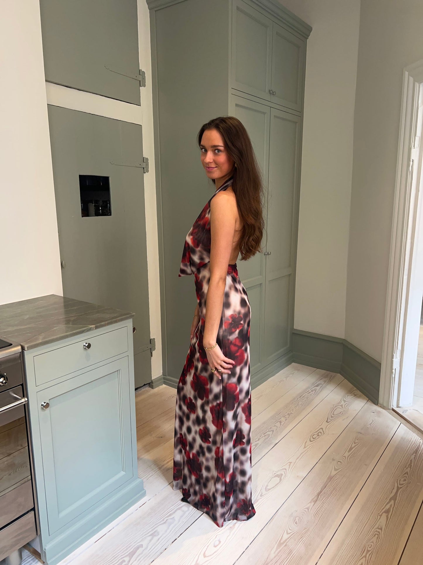 Columbine maxi dress - White/brown with red flowers