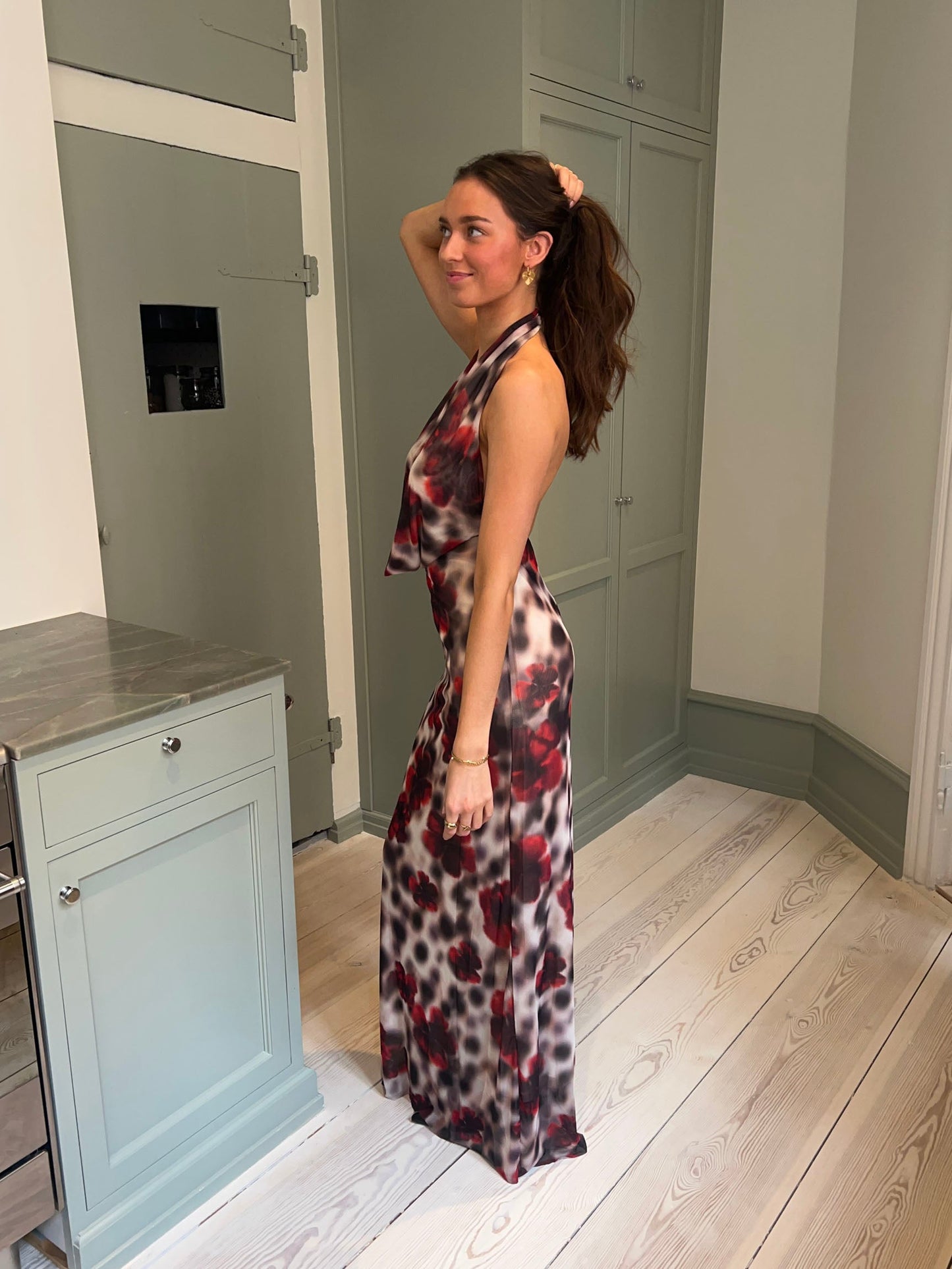 Columbine maxi dress - White/brown with red flowers