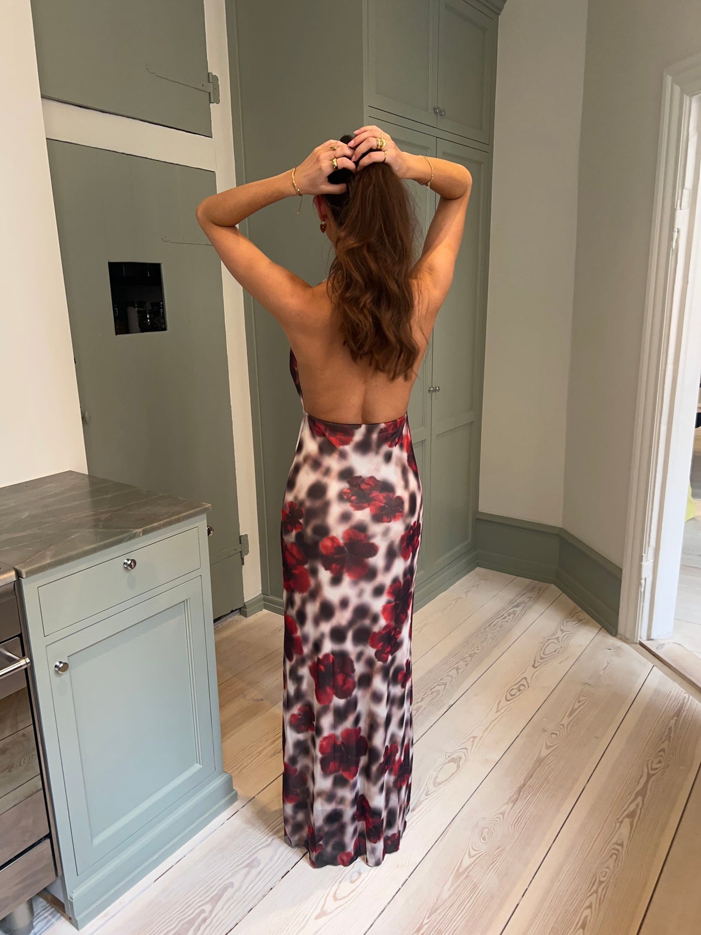 Columbine maxi dress - White/brown with red flowers