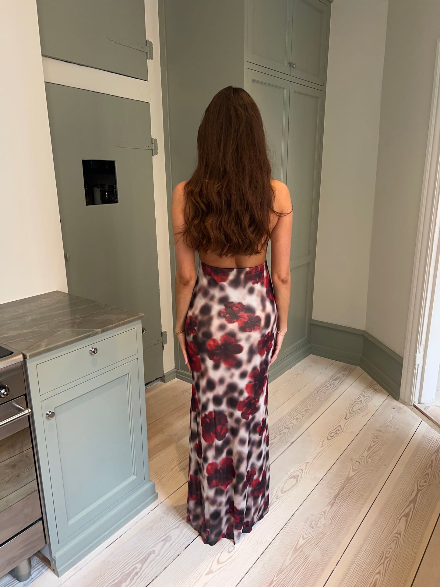 Columbine maxi dress - White/brown with red flowers