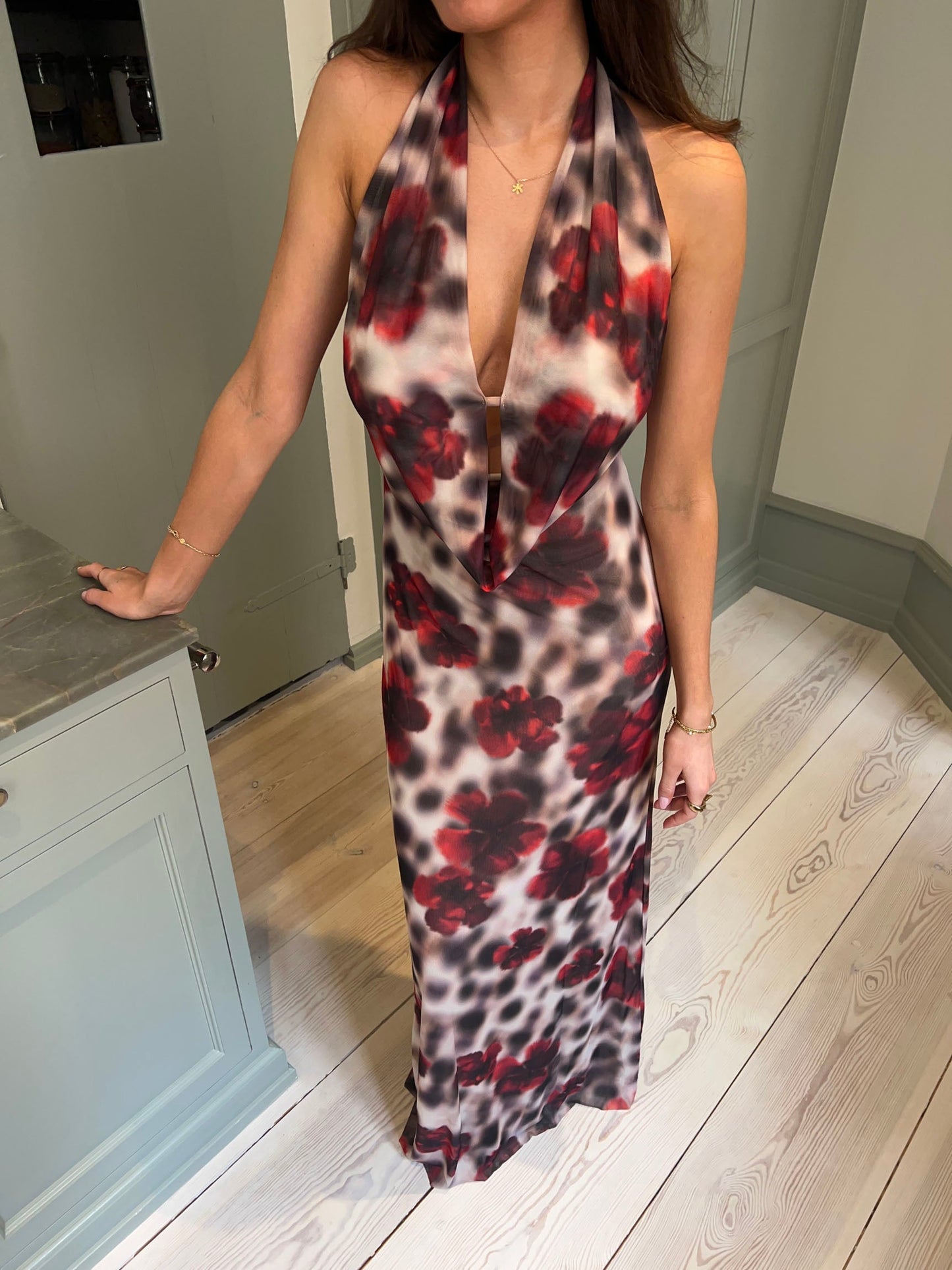Columbine maxi dress - White/brown with red flowers