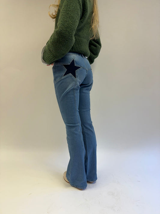 Flared star jeans with navy stars - Light denim