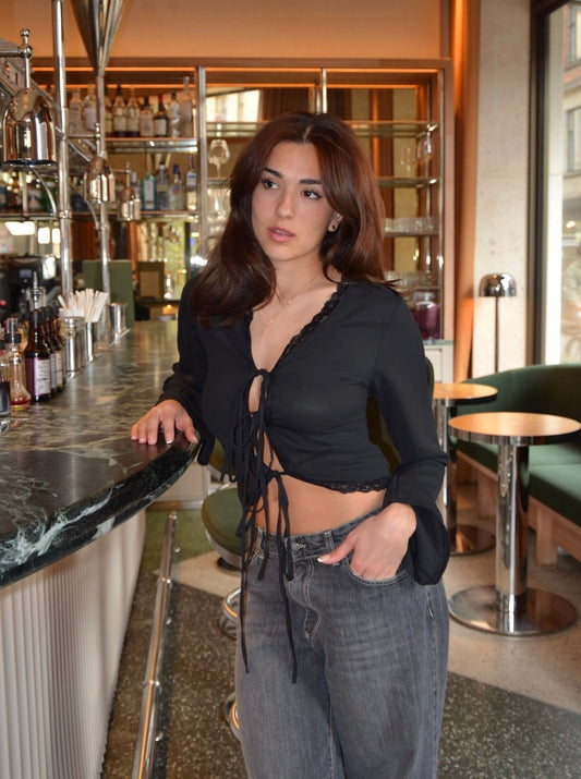 Giorgia satin blouse with tie - Black