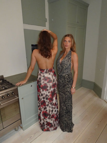 Columbine maxi dress  - White/brown with red flowers