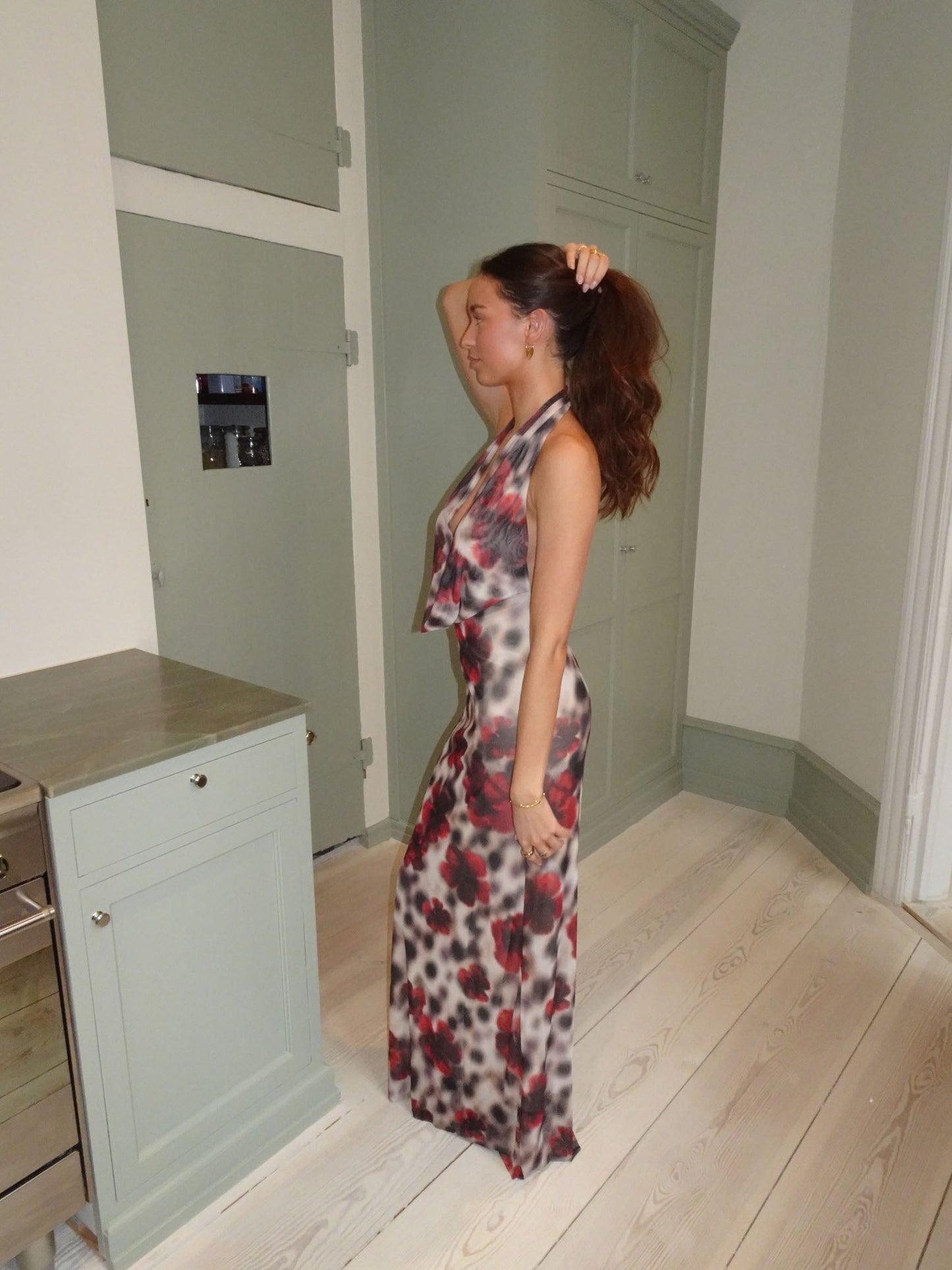 Columbine maxi dress  - White/brown with red flowers