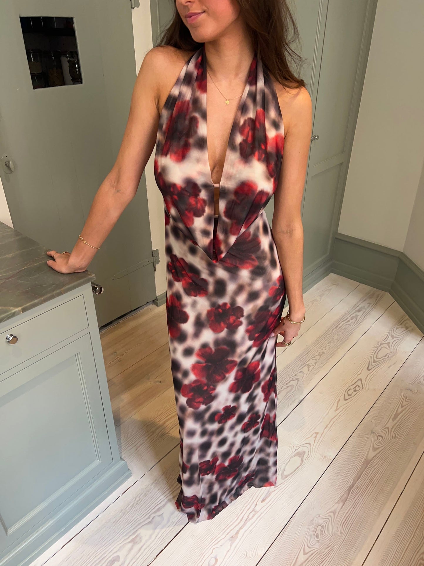 Columbine maxi dress  - White/brown with red flowers